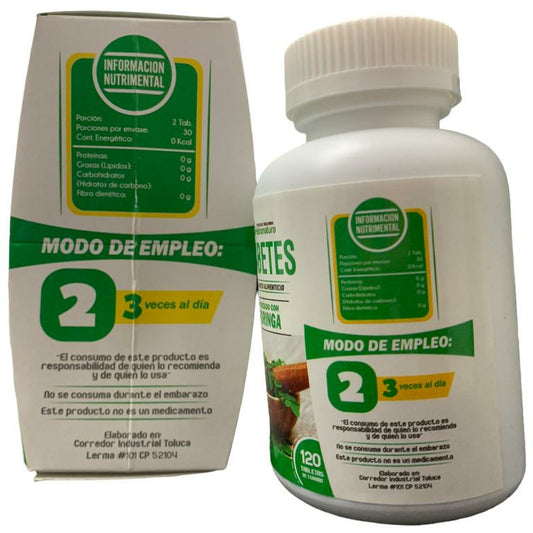 Diabetes Suplemento Alimenticio Reforzado Con Moringa 120 Tabletas De 1 Gramo